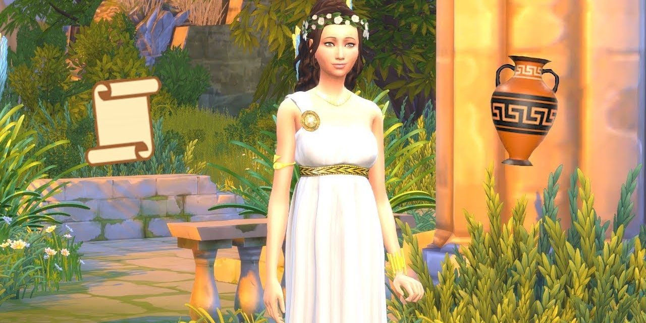 A Sim is dressed as a Greek goddess for a legacy challenge