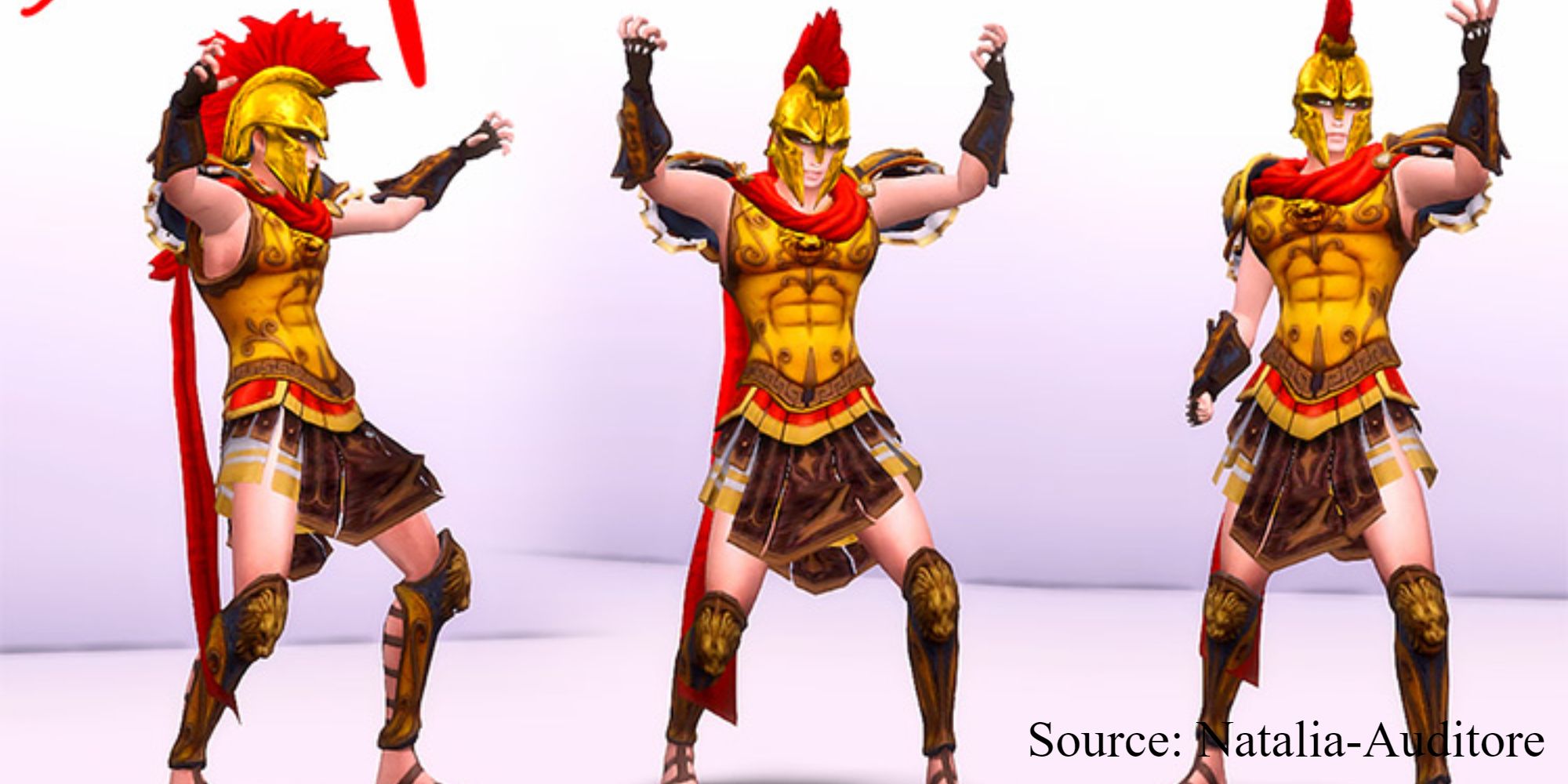 A Greek Sim dressed in Natalia-Auditore's warrior custom content poses