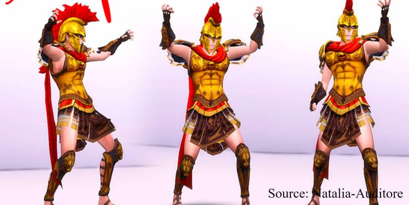 A Greek Sim dressed in Natalia-Auditore's warrior custom content poses