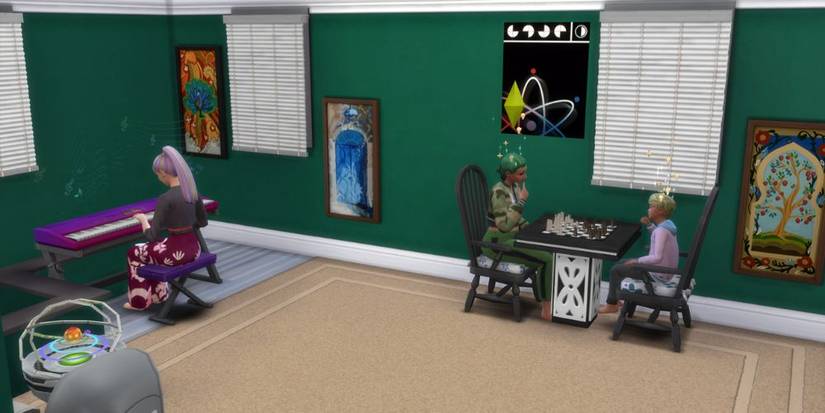 the sims 4 sims playing chess and sim playing piano