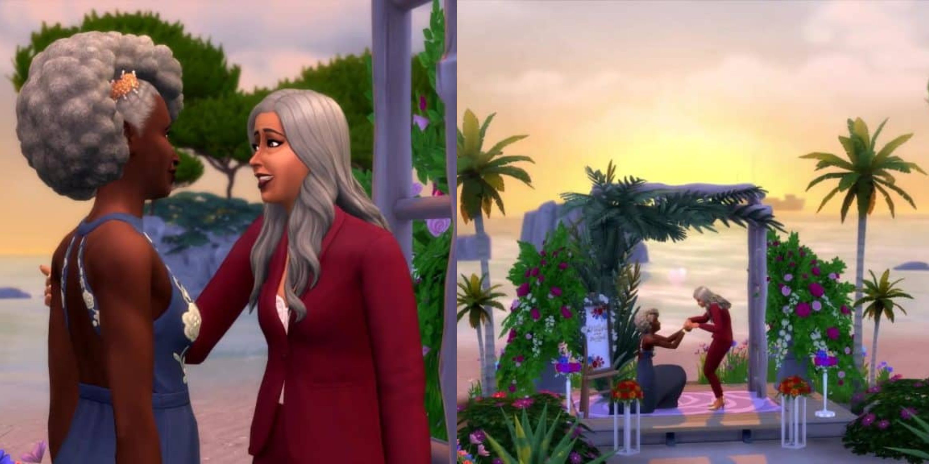Two elder Sims renew their vows to each other on the beach