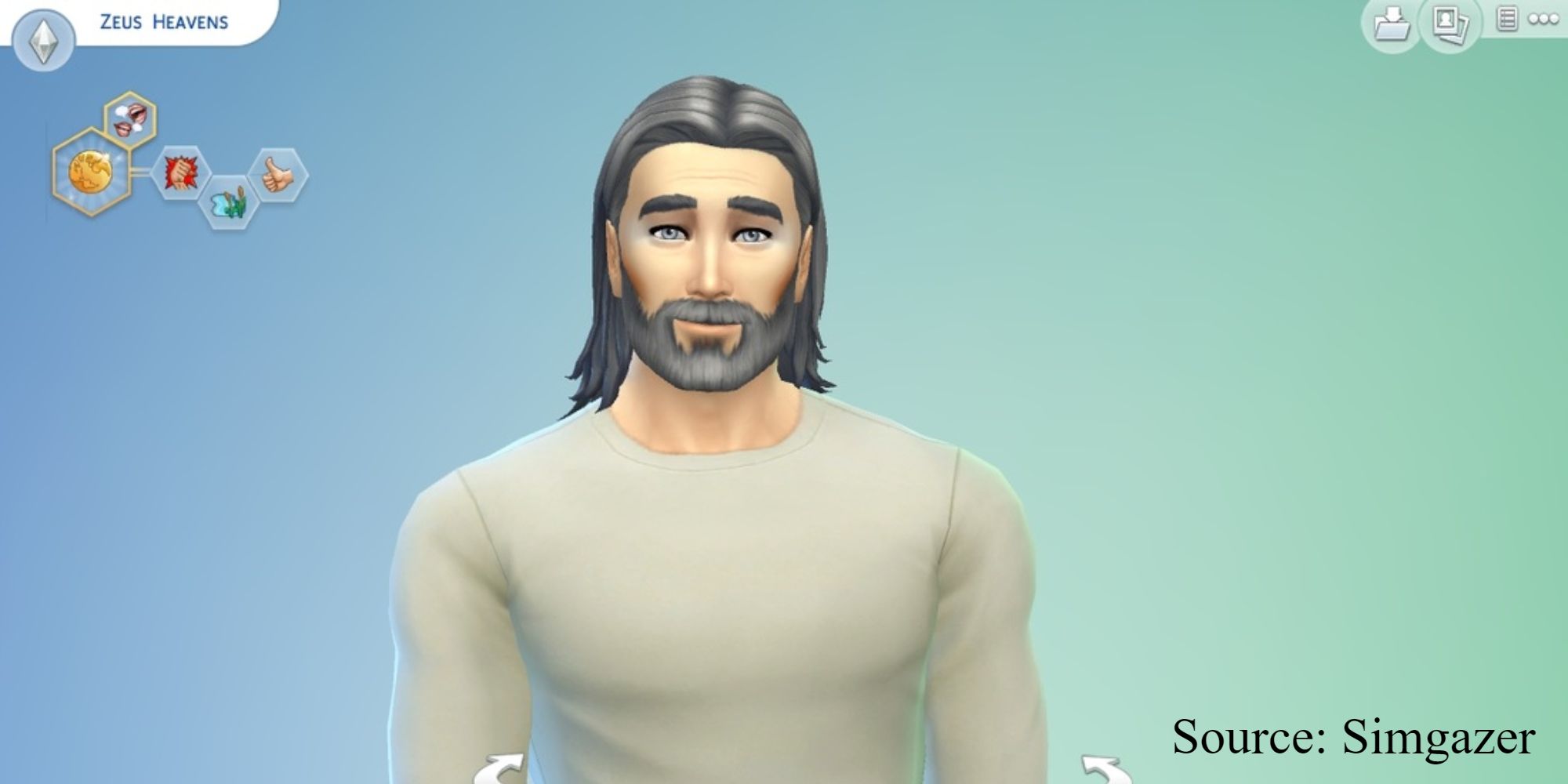 A gray-haired Sim by Simgazer stands in for the Greek god, Zeus