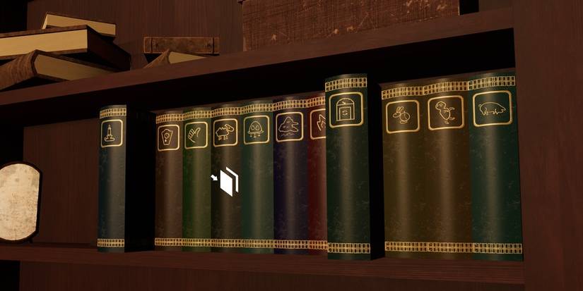 A screenshot featuring a bookcase with various symbols from The Timeless Child.