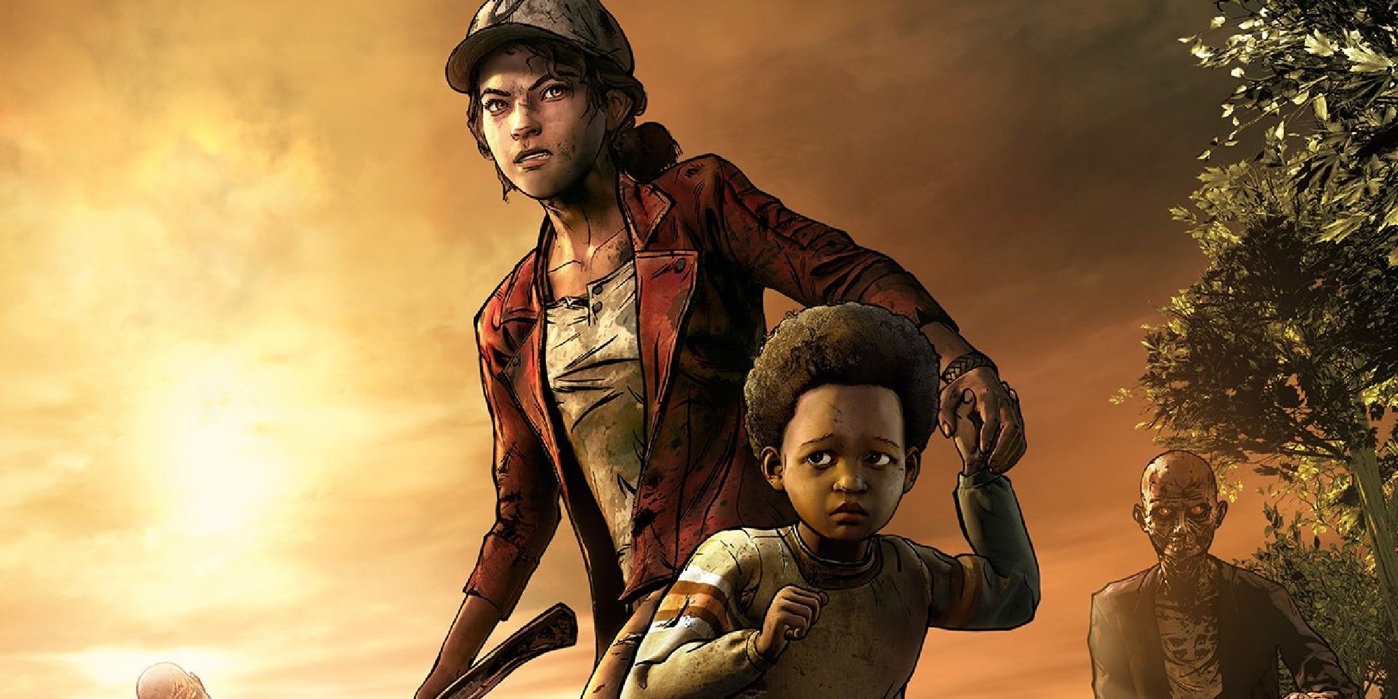 Clementine holding AJ;s hand as zombies surround them, her other hand holding a weapon.