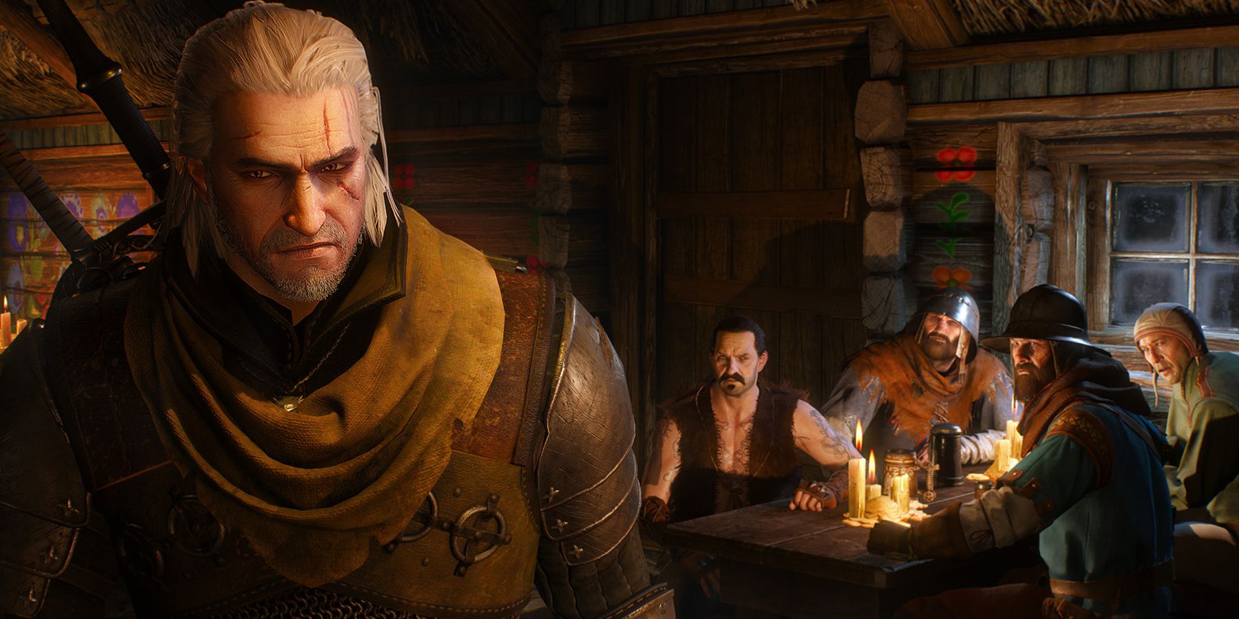 The Witcher 3 Wild Hunt peasants in White Orchard tavern looking at Geralt