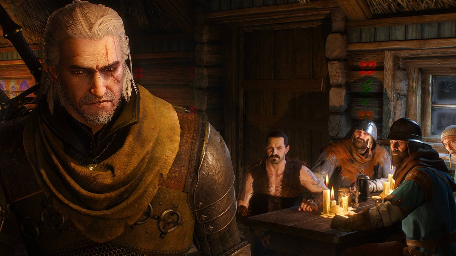 The Witcher 3 Wild Hunt peasants in White Orchard tavern looking at Geralt