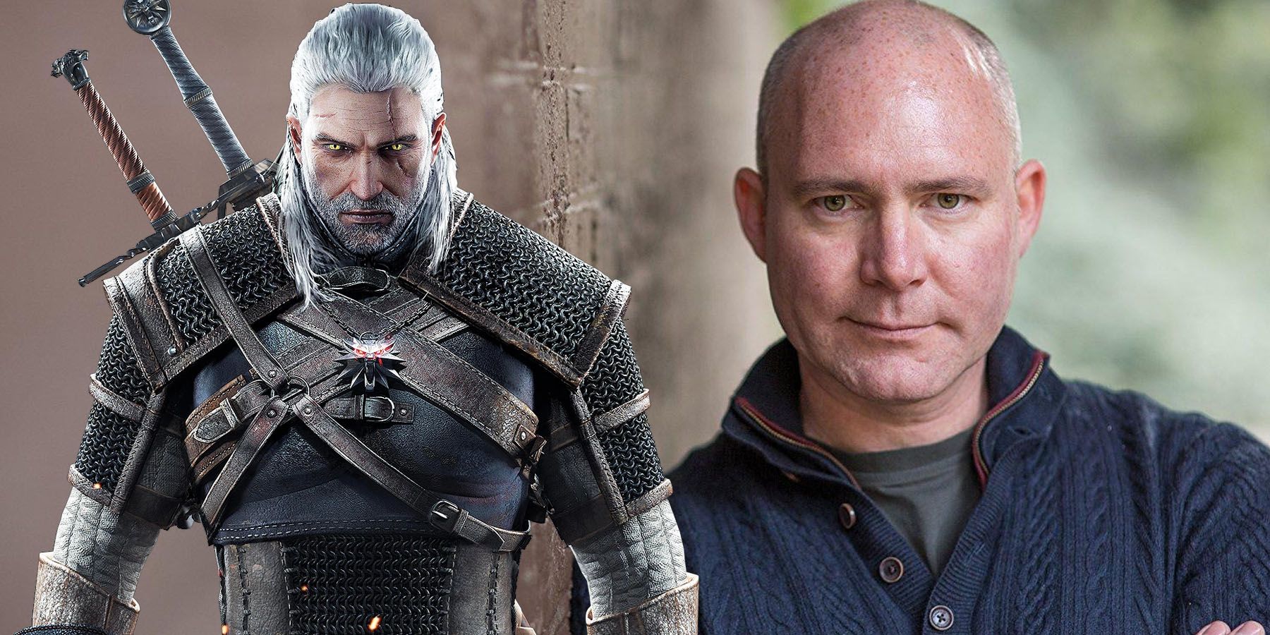 A photo of voice actor Doug Cockle, with Geralt of Rivea from The Witcher 3 placed alongside him.