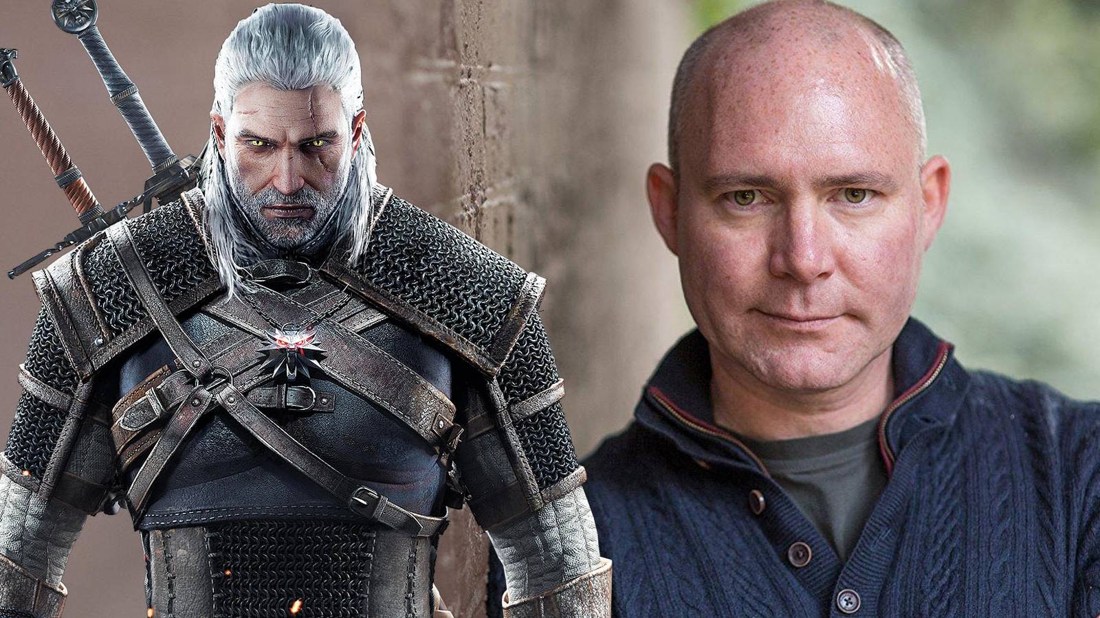 A photo of voice actor Doug Cockle, with Geralt of Rivea from The Witcher 3 placed alongside him.