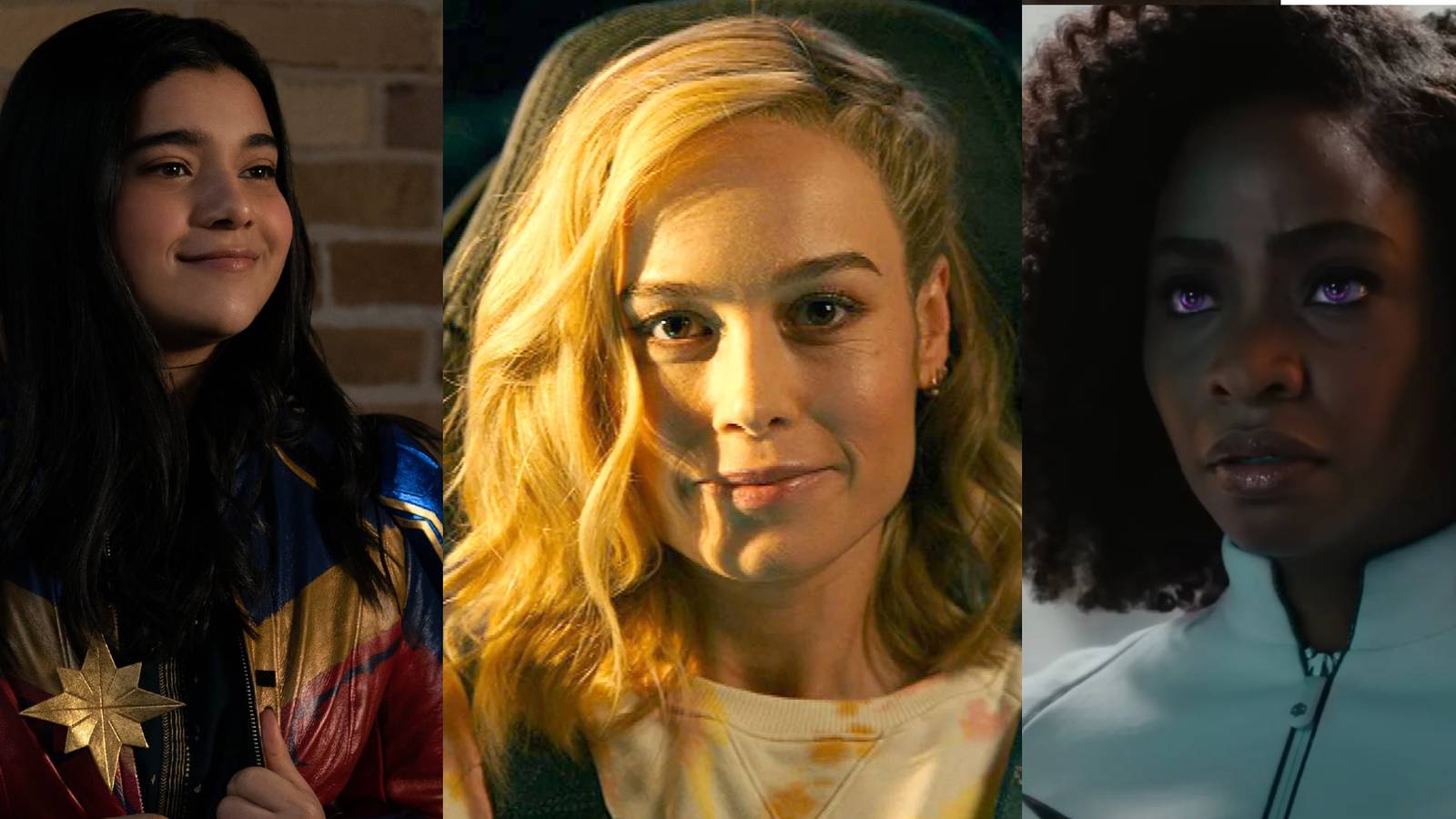 Kamala wearing a Ms. Marvel jacket; Carol piloting a spaceship; Monica in her Photon outfit