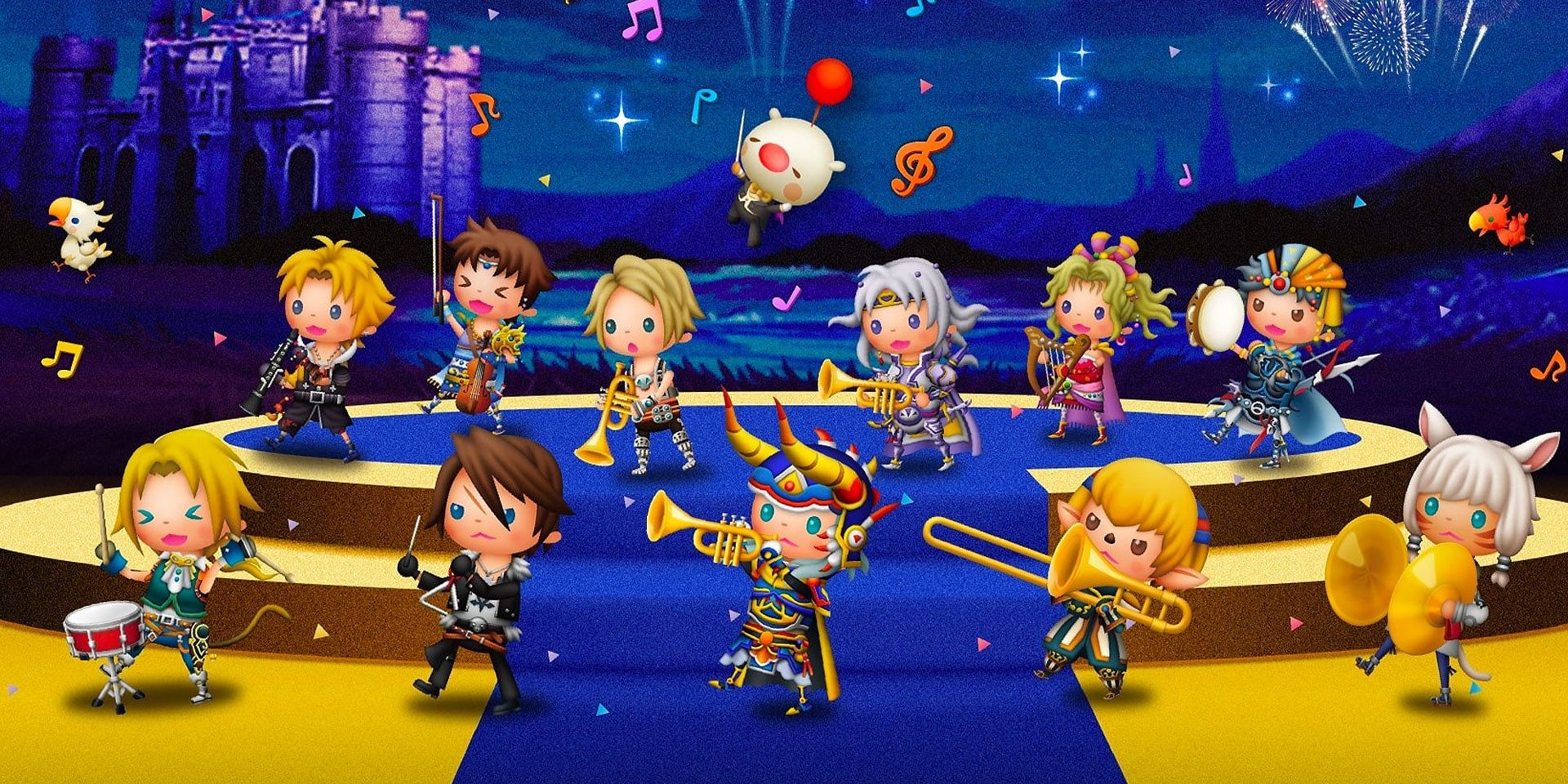 A bunch of characters in the Final Fantasy franchise playing different instruments on a blue and yellow stage in Theatrhythm Final Bar Line