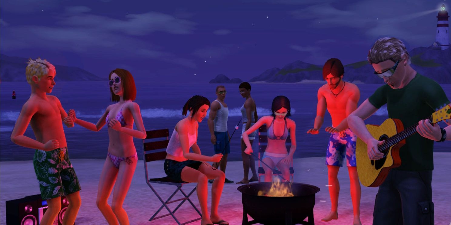 A party happening on a beach with many people in swimwear gathered around a fire while one plays a guitar in The Sims 3