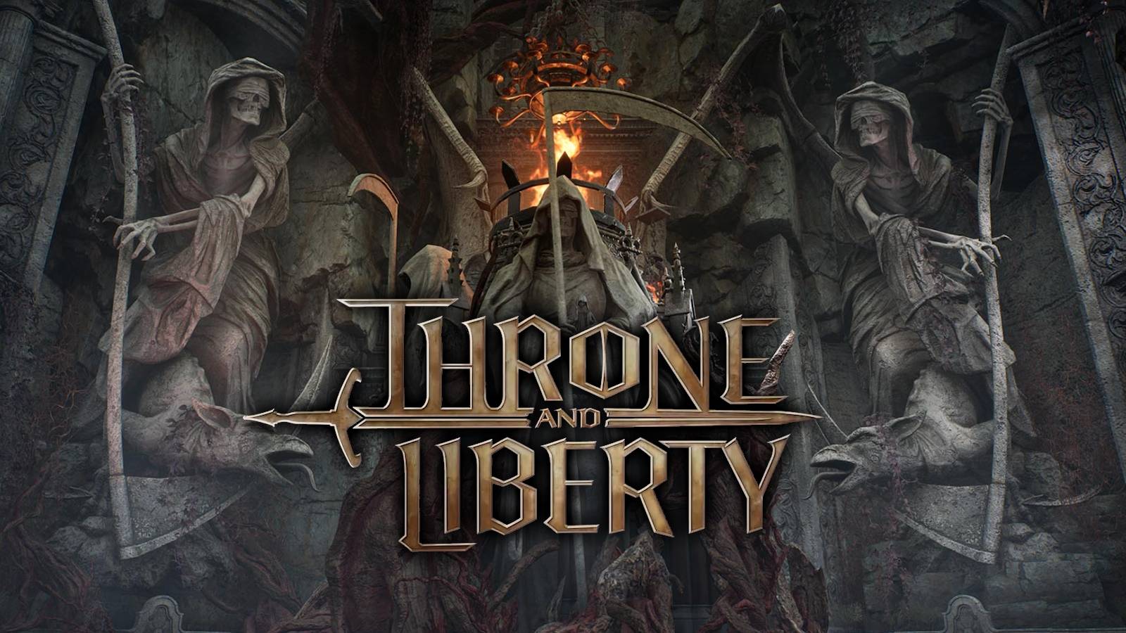 Throne and Liberty logo over a screenshot of a grim reaper statue