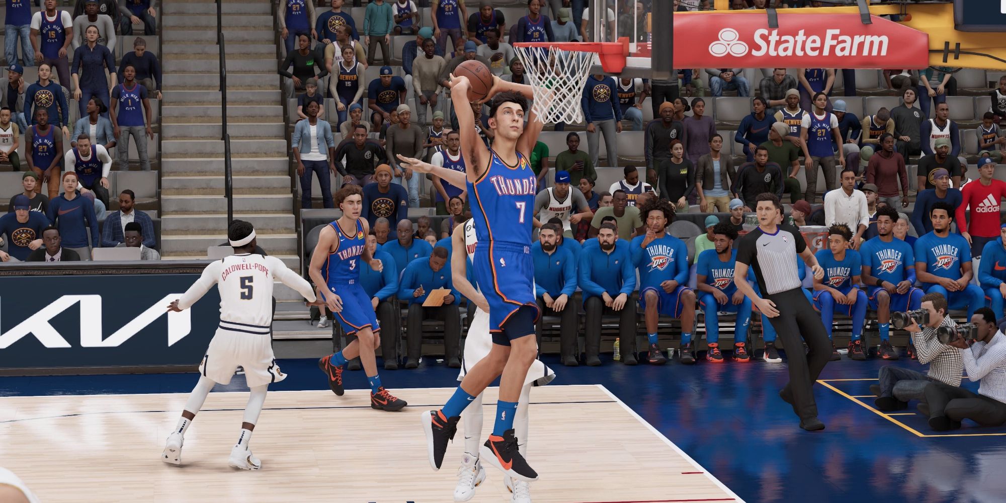 Chet Holmgren of the Oklahoma City Thunder performing a dunk in NBA 2K23