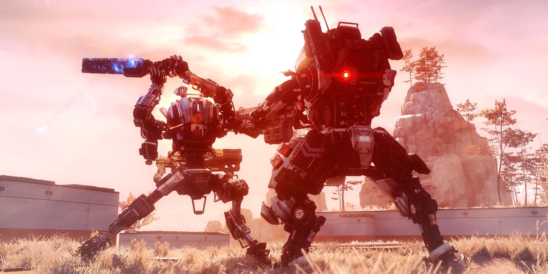 Two titans fighting each other, with the one on the left swinging down, in Titanfall 2