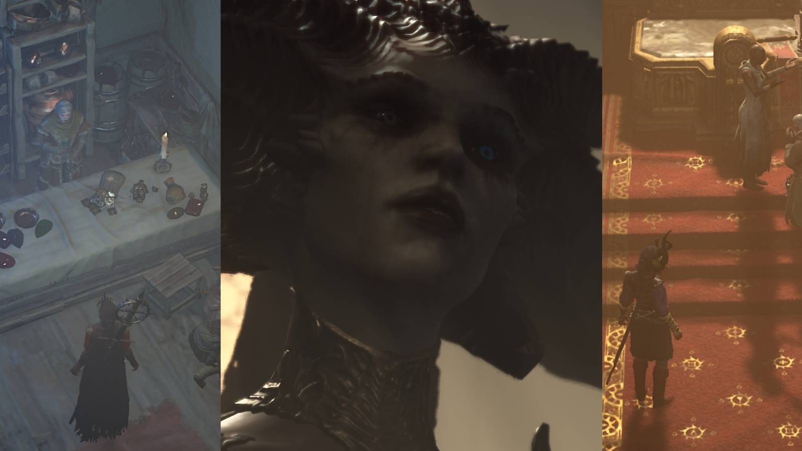 title split image mistakes to avoid when playing d4 in game screenshots and cutscene with lilith