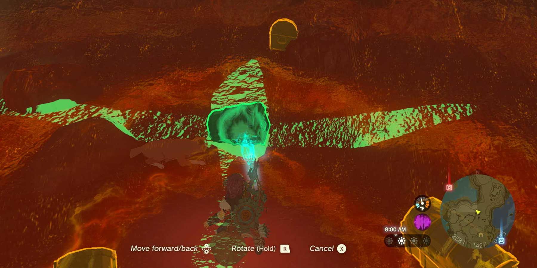 Using Ultrahand to collect the chest in Misko's Cave of Chests in Zelda: Tears of the Kingdom.