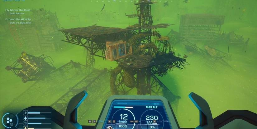 Player Flying A Ship Over Large Platforms Above A Layer Of Green Mist