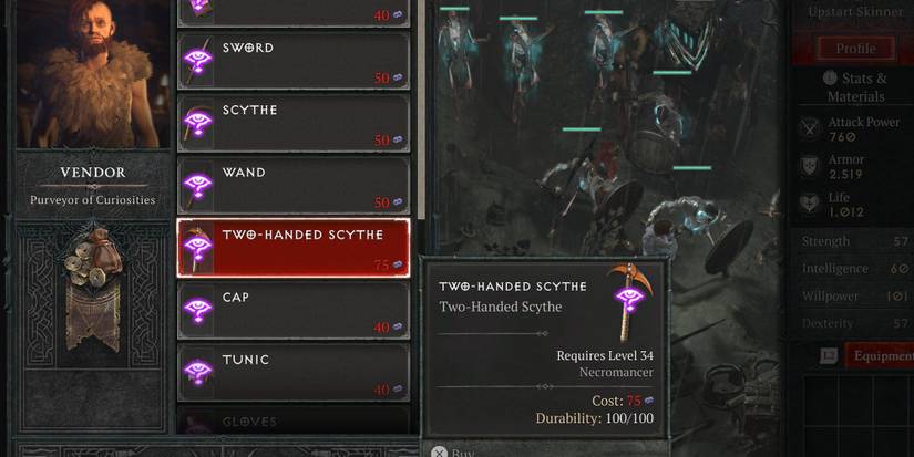 A player purchasing a Two-Handed Scythe from the Purveyor of Curiosities in Diablo 4
