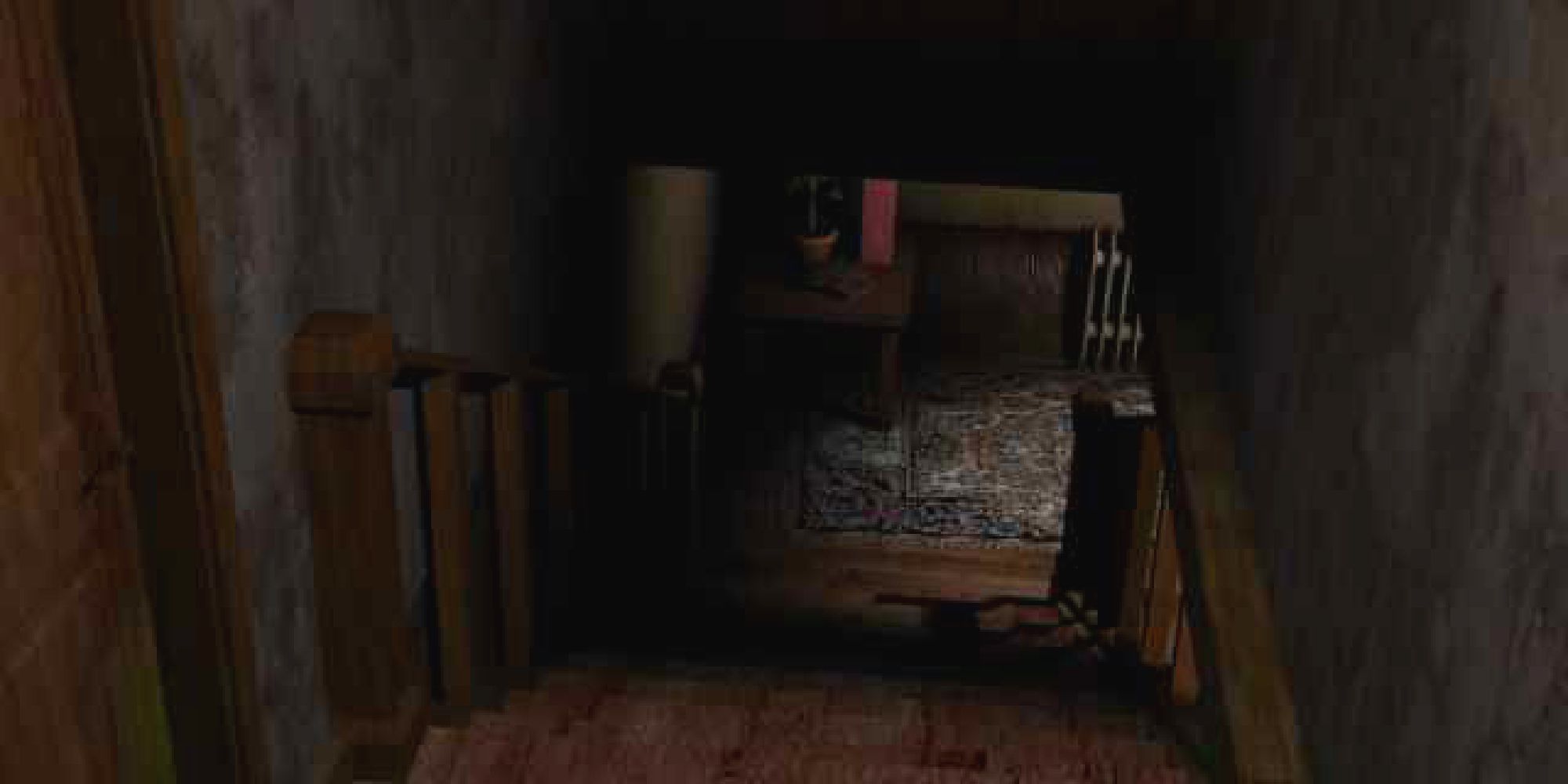 A screenshot showing a dark staircase leading into a normal looking yet foreboding room. 