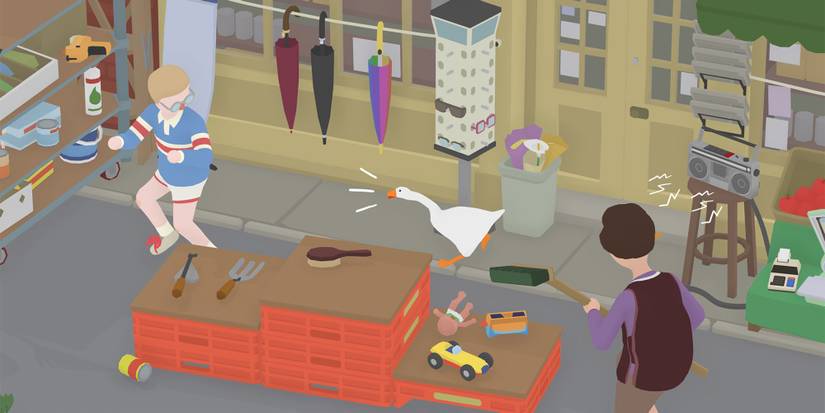 The goose in the Untitled Goose Game scaring a child