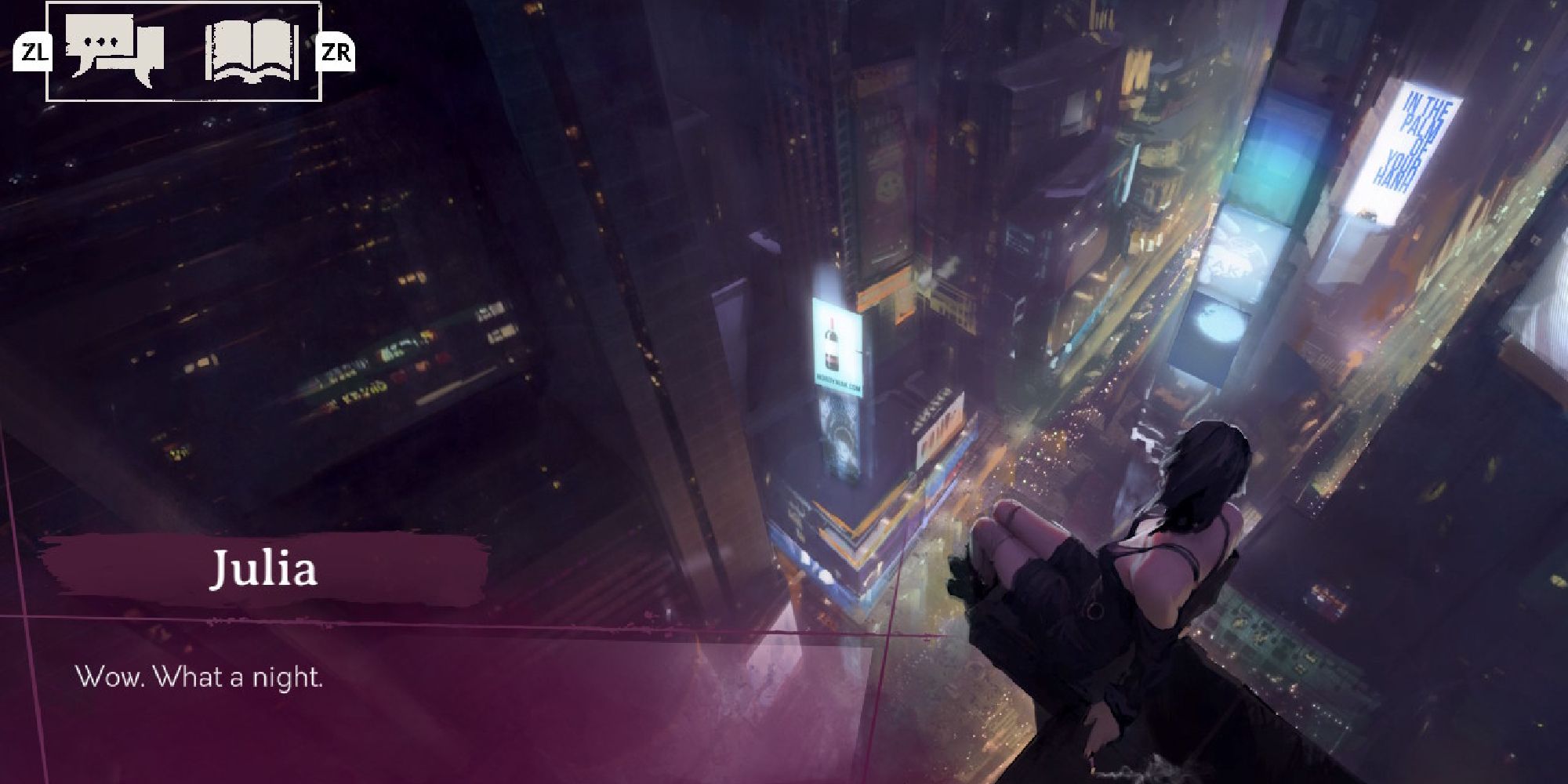 Main character Julia sits on top if a high building, looking down at NYC