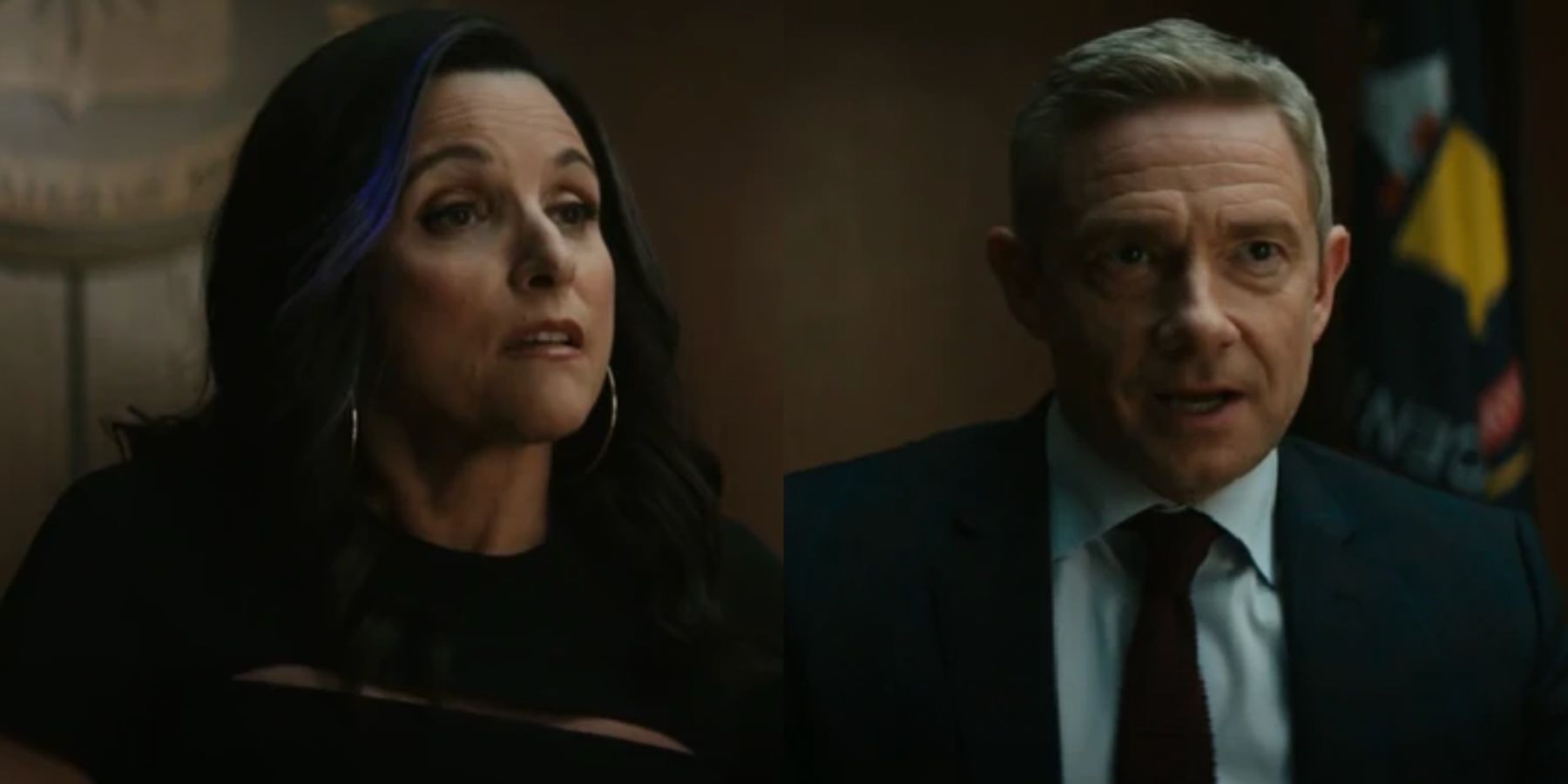 A split image features Valentina Allegra de Fontaine and Everett Ross during a meeting in Black Panther Wakanda Forever