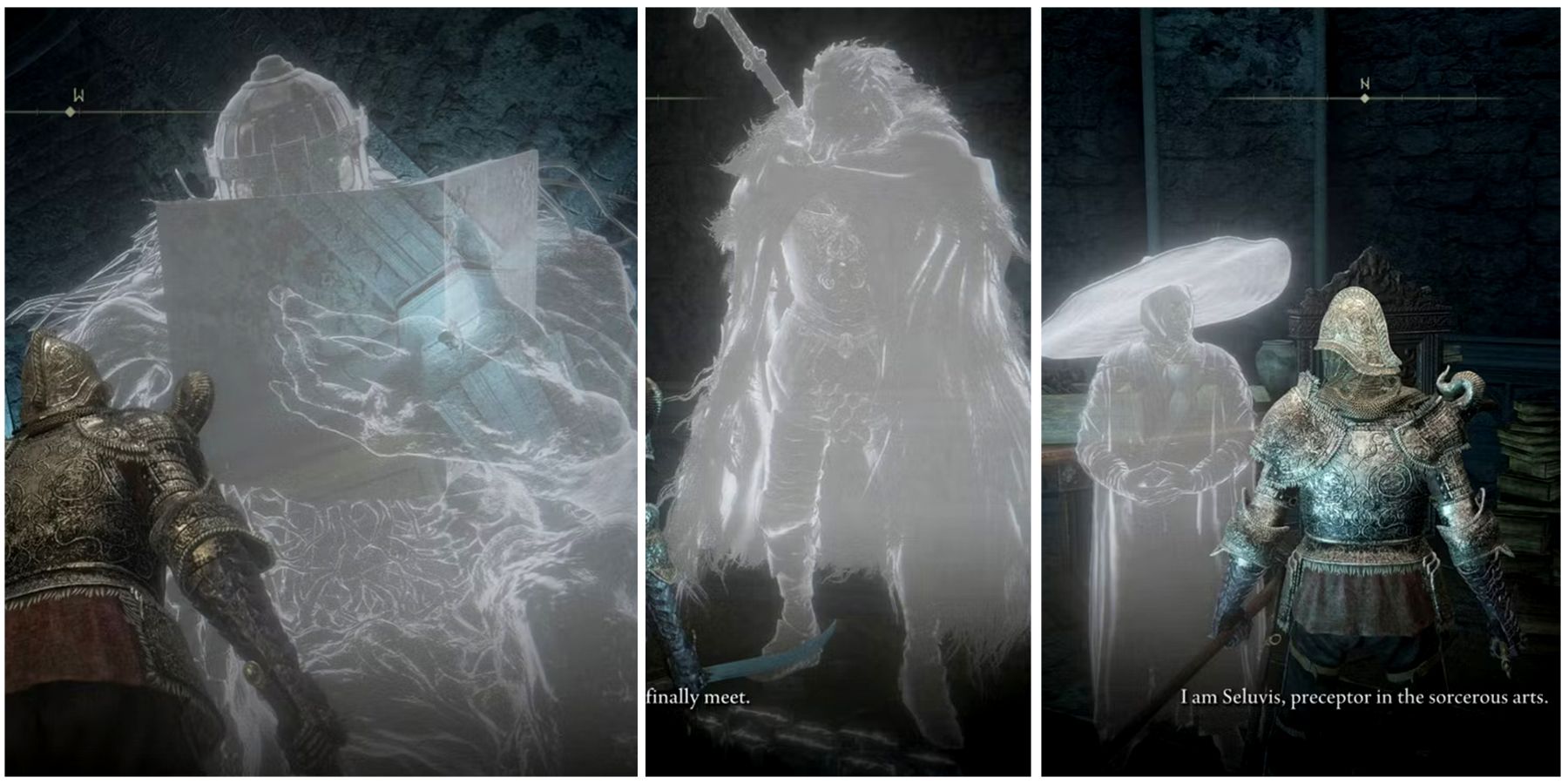 War Counselor Iji Half Wolf Blaidd and Preceptor Seluvis spectral form in elden ring