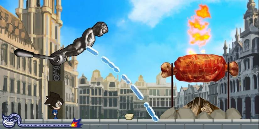 A WarioWare Get It Together microgame where a statue is peeing to put out food that is on fire