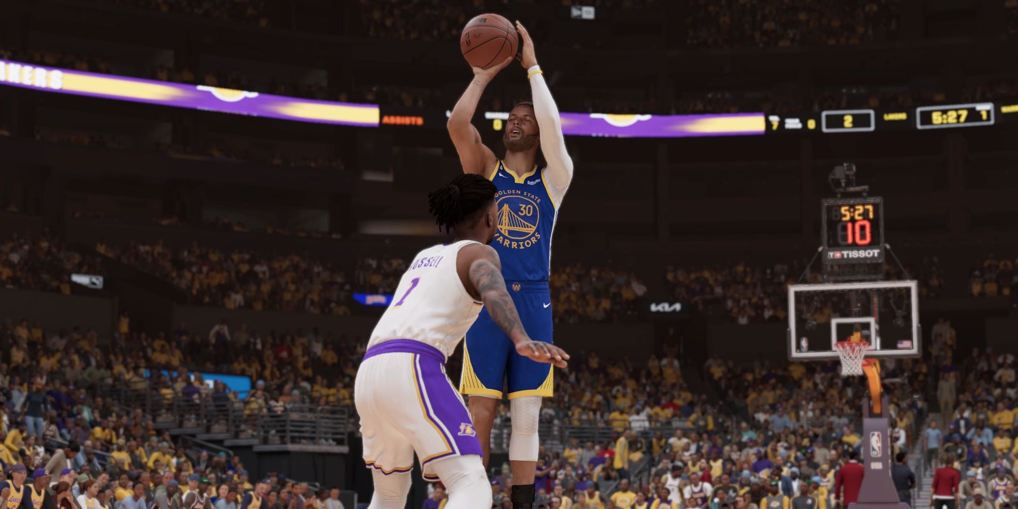 Steph Curry of the Golden State Warriors performing a 3 point shot in NBA 2K23