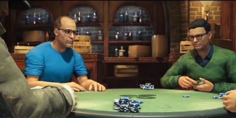 Four players gathered around a poker table with cards and chips, ready to play.