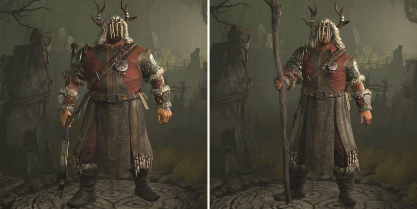A male and a female Druid in the Weathered armor set in Diablo 4