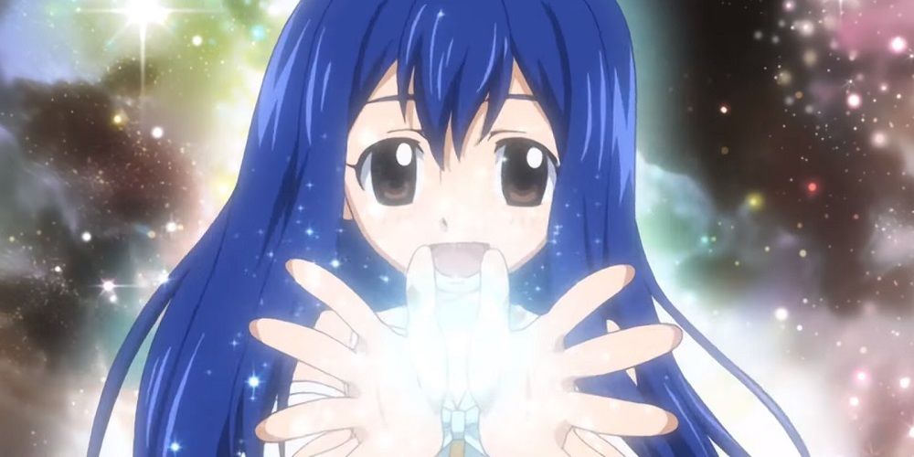 A smiling Wendy Marvell casting magic in Fairy Tail's fifth opening Egao no Mahou