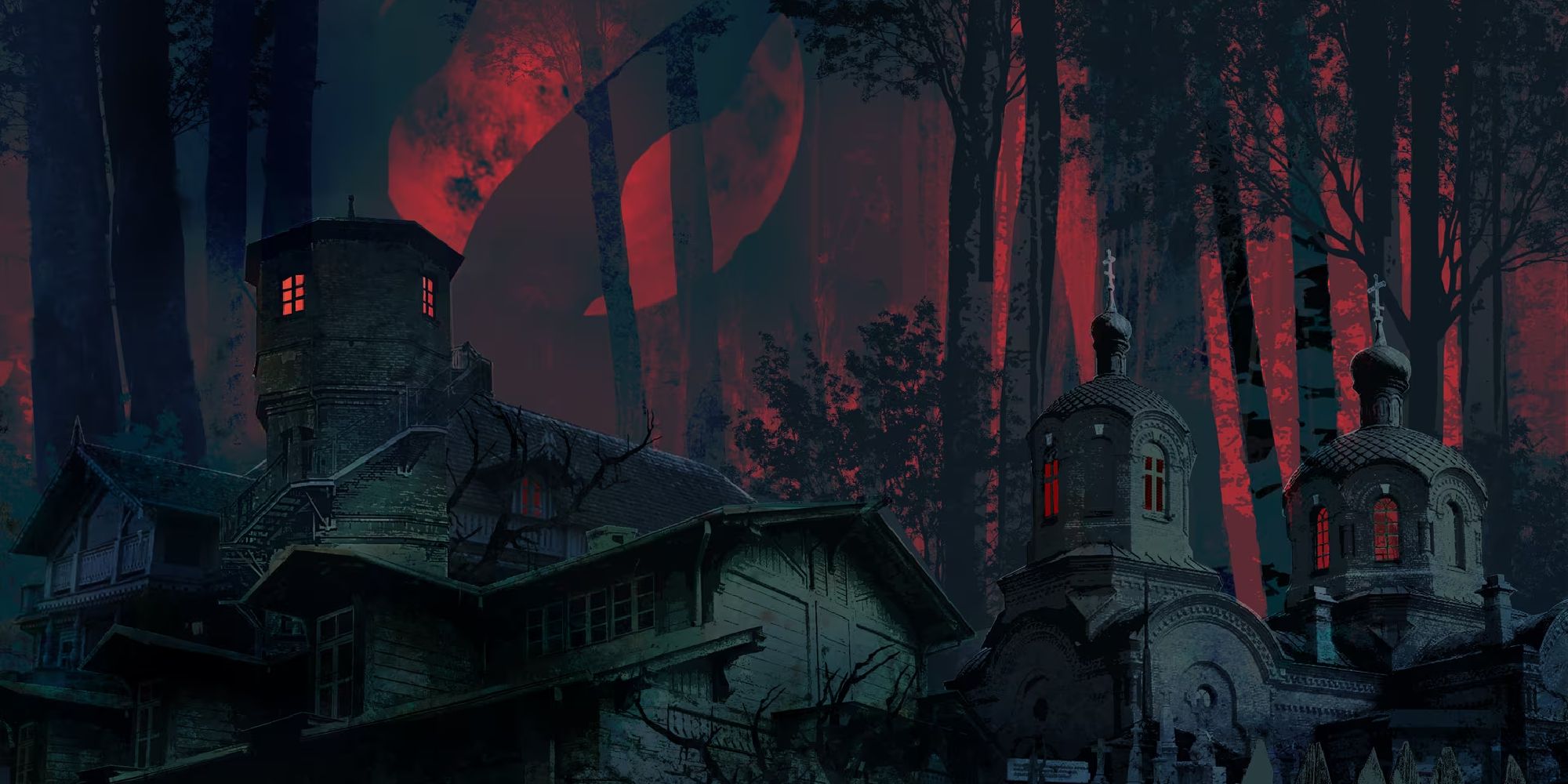 Artwork from the VN showing a red sky, a forest, and an old crumbling manor at the forefront.