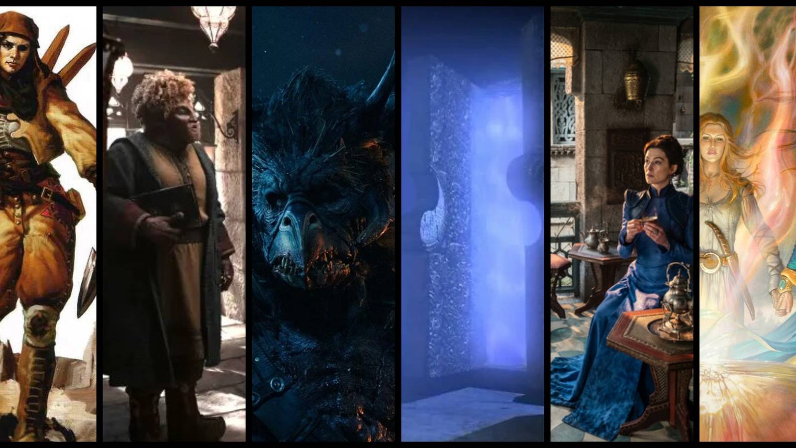 Aviendha, Loial, a trolloc, a waygate, Moiraine, Egwene, and Nynaeve from The Wheel of Time