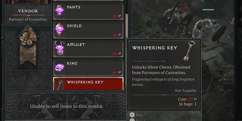 A player purchasing a Whispering Key from the Purveyor of Curiosities in Diablo 4