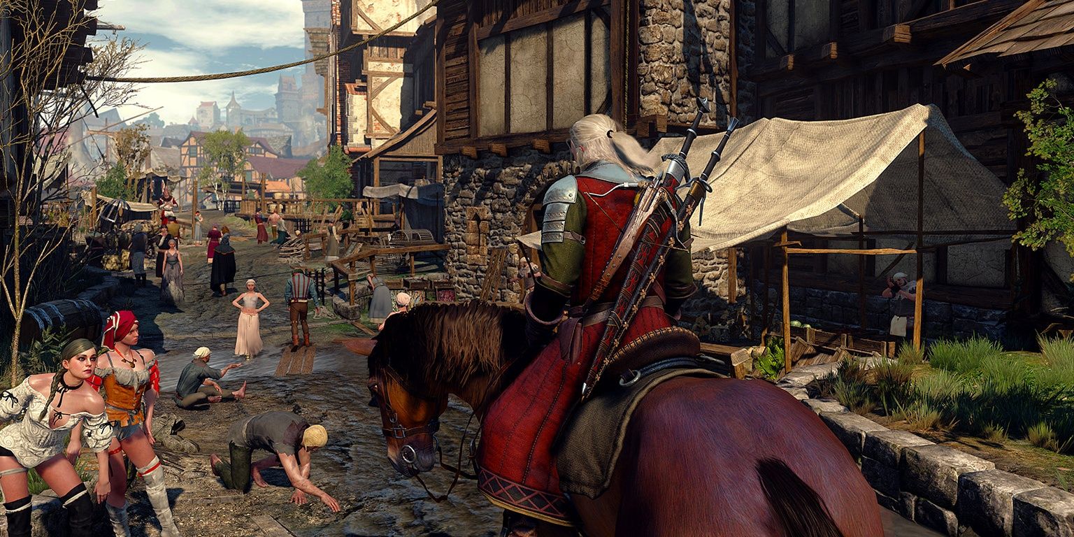 Geralt in city on horseback