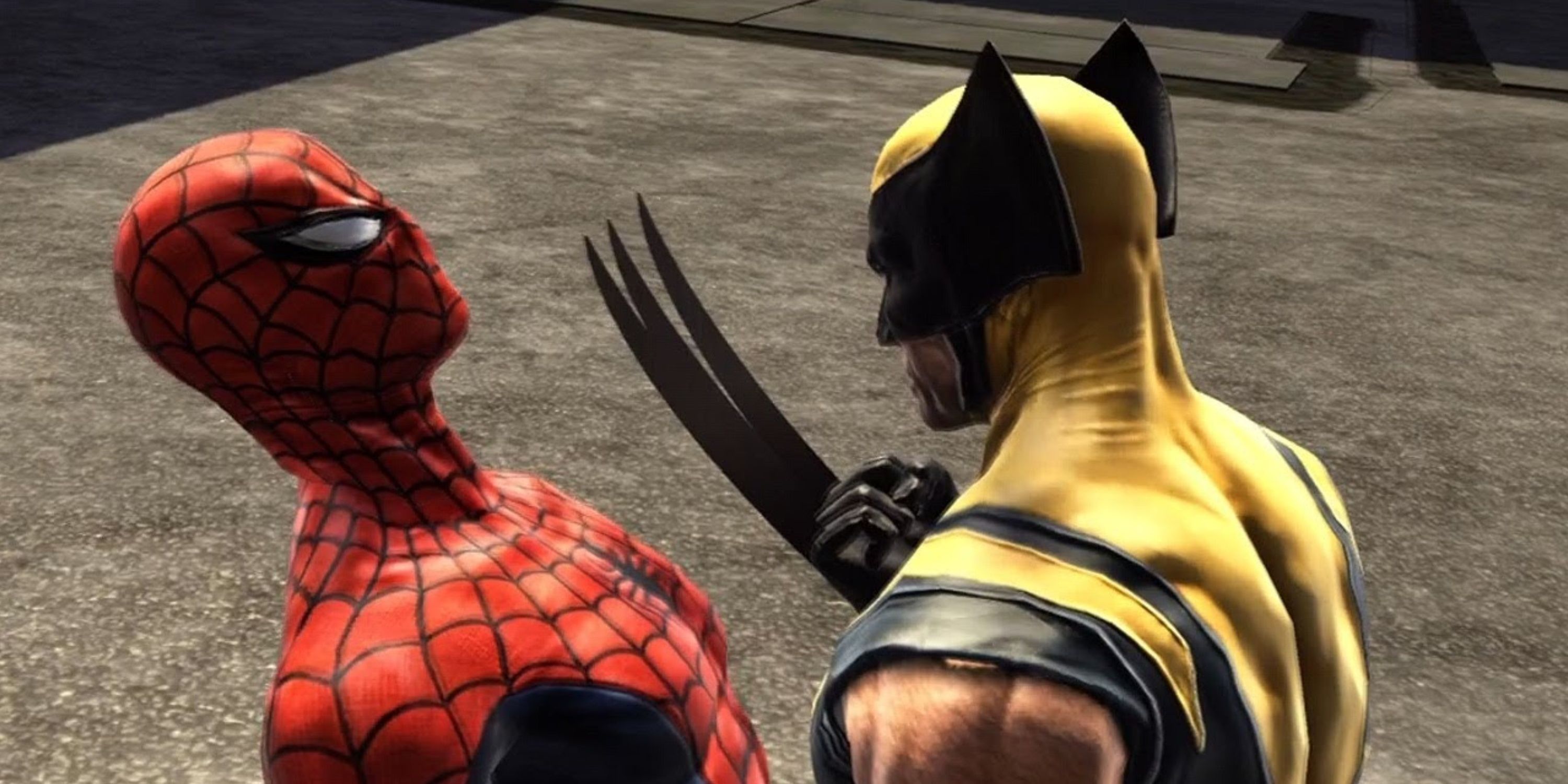 Wolverine mostrando ao Homem-Aranha suas garras em uma teia de sombras