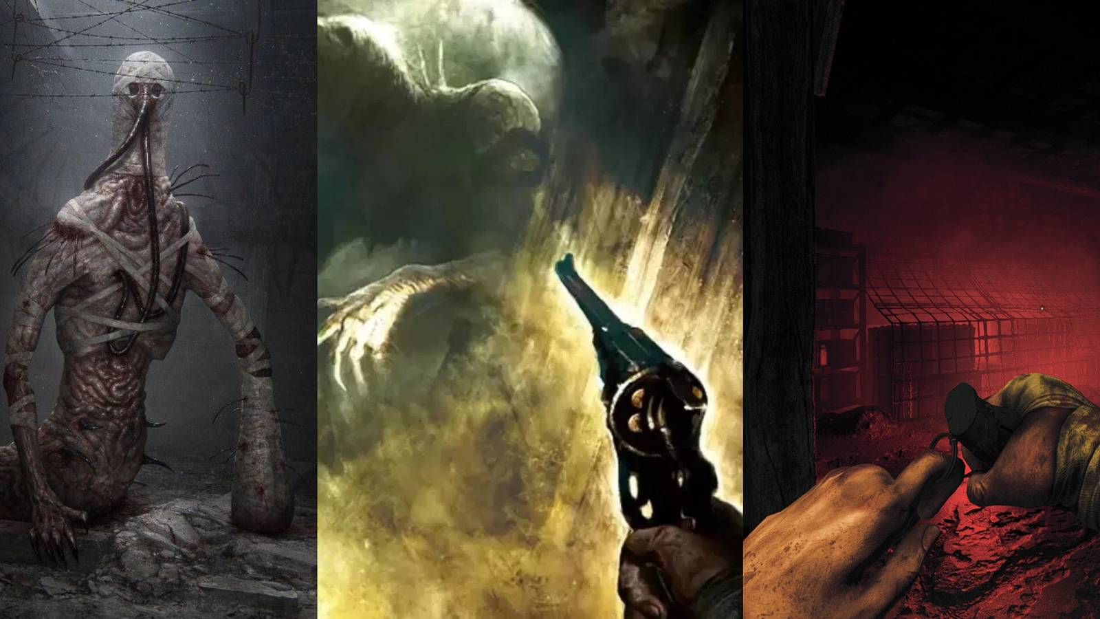 Spl;it images demonstrating some of the horrors and gameplay of the Bunker. 