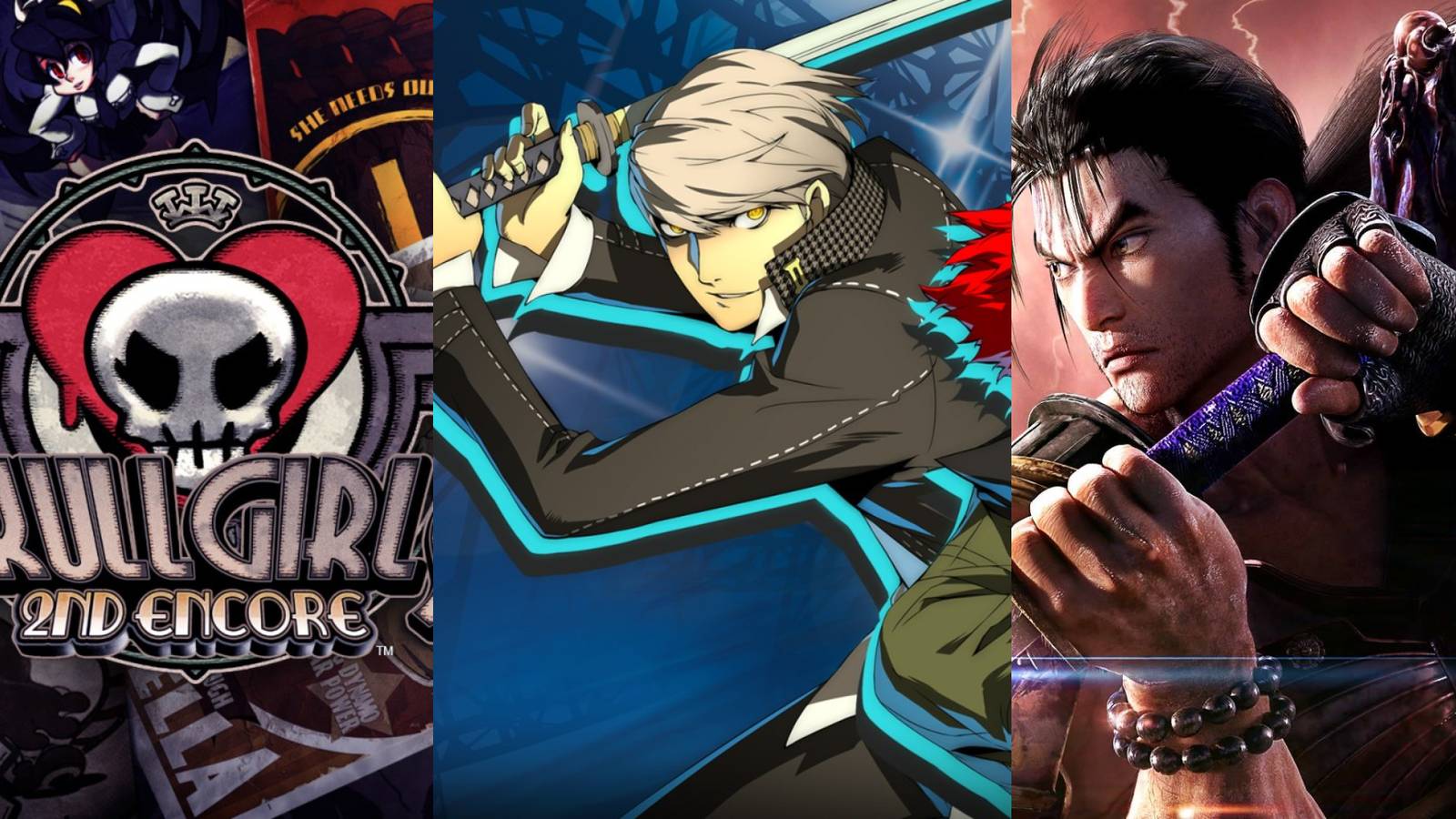 Split image: Skull Girls 2bd Encore, Persona 4 Arena Ultimax and Soul Calibur 6. 
