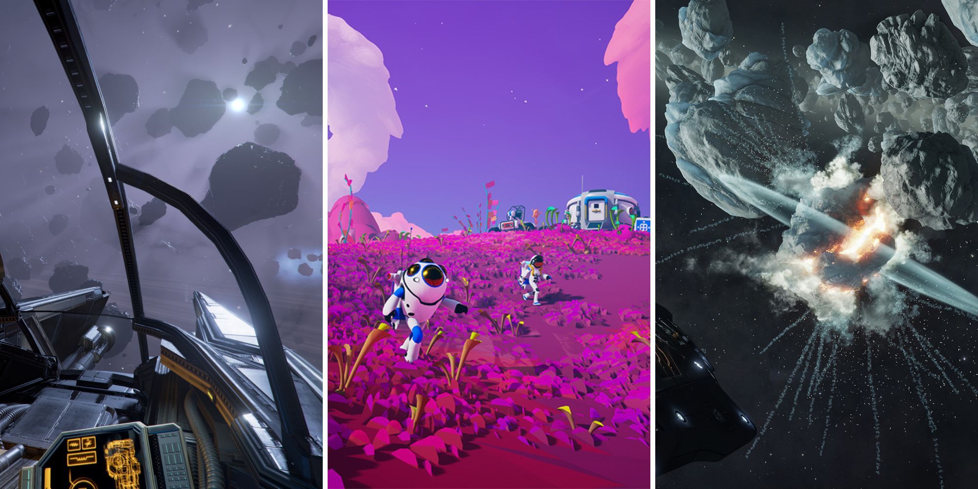 A gird of the three space games X4 Foundations, Astroneer, and Elite Dangerous