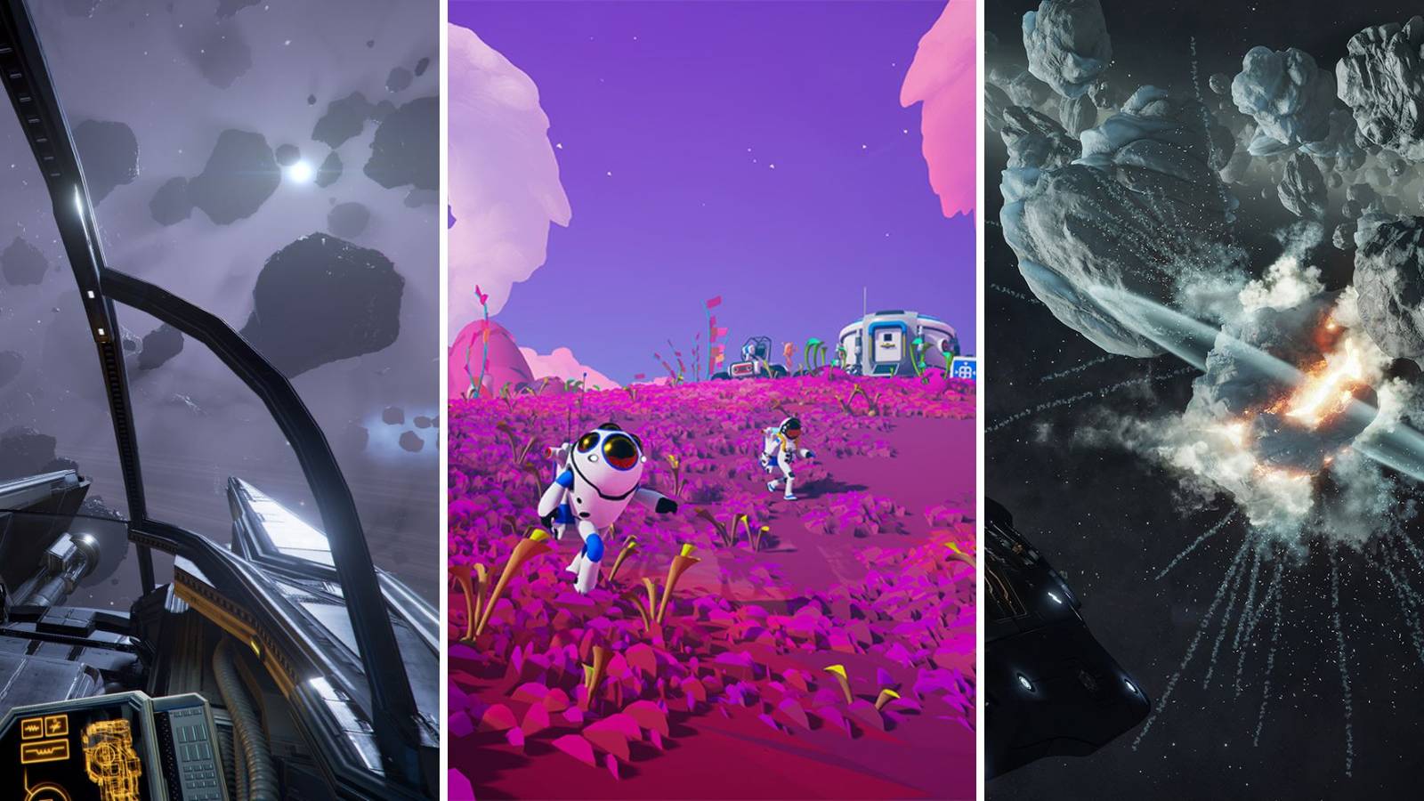 A gird of the three space games X4 Foundations, Astroneer, and Elite Dangerous