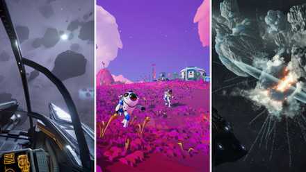 A gird of the three space games X4 Foundations, Astroneer, and Elite Dangerous