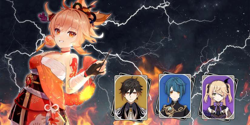 yoimiya-zhongli-xinqgiu-and fischl overloaded team in genshin impact