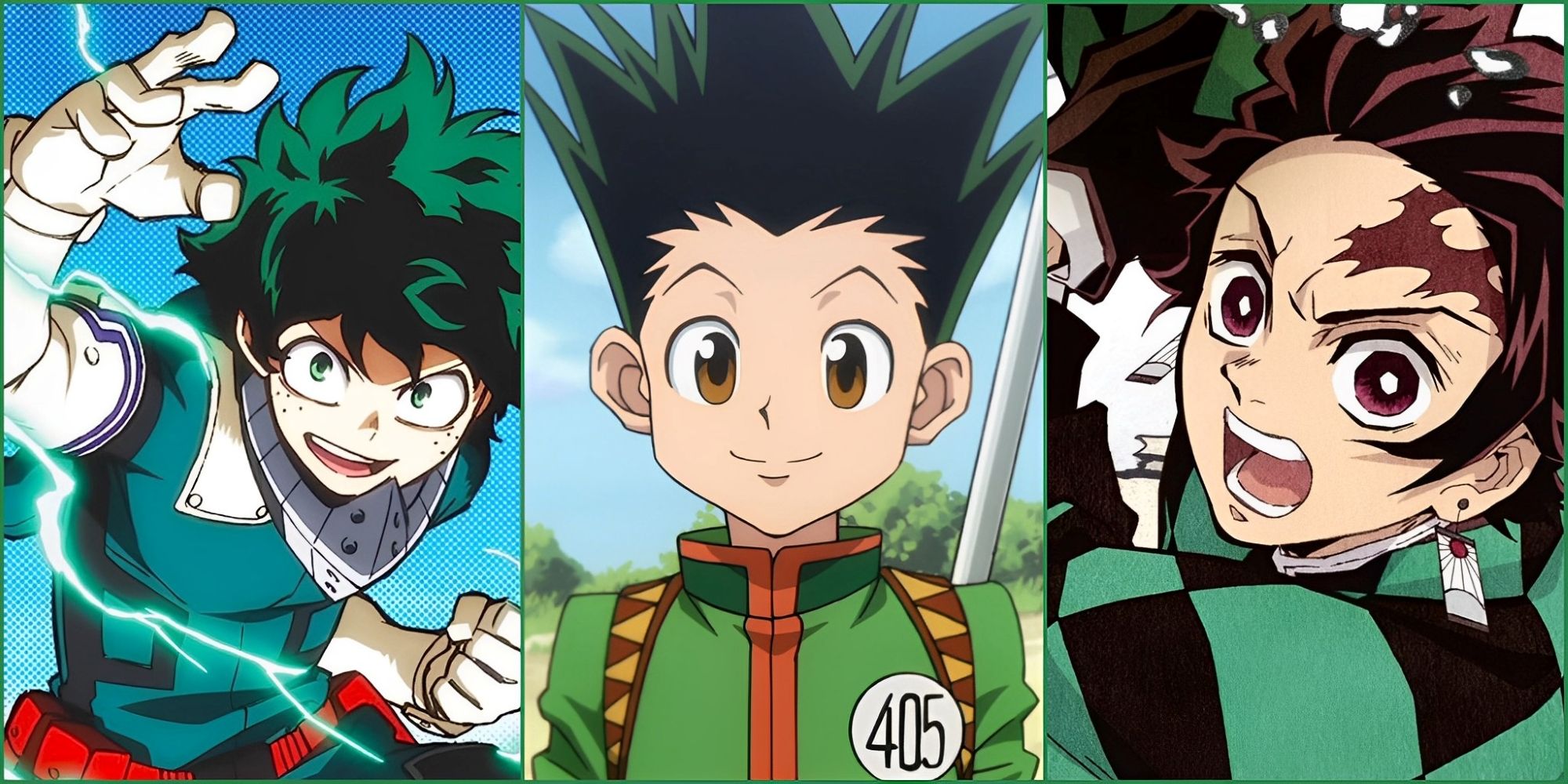 Izuku Midoriya, Gon Freecss, and Tanjiro Kamado side by side 