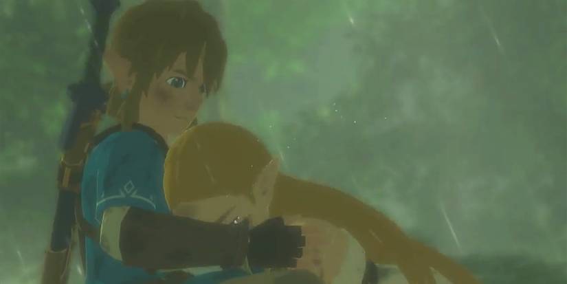 Zelda crying in Link's arms in the rain