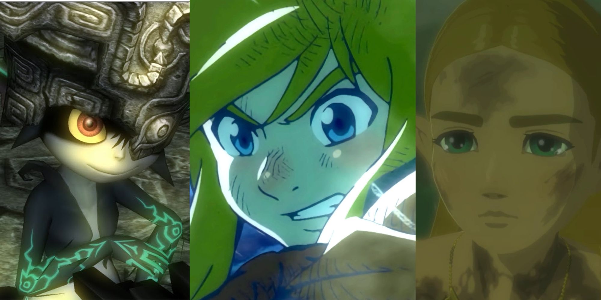 Midna kneeling; Link facing a storm; Zelda dirtied and crying