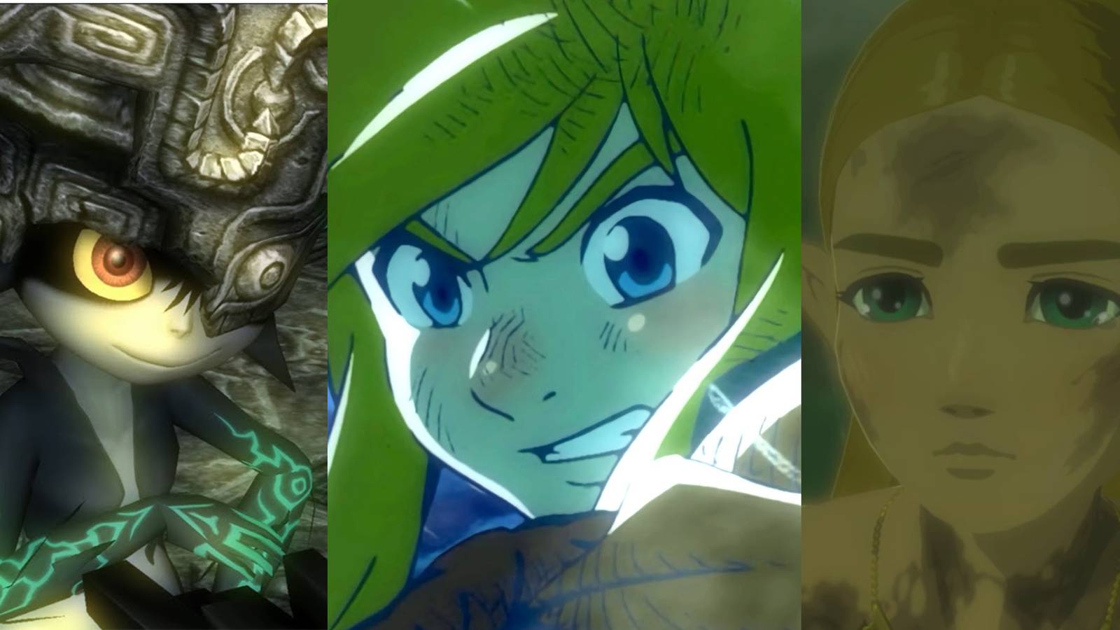 Midna kneeling; Link facing a storm; Zelda dirtied and crying