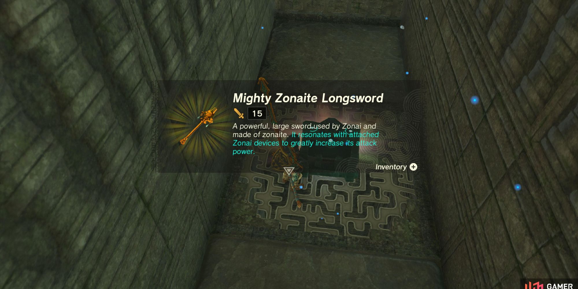 Link finding a Mighty Zonaite Longsword in a chest