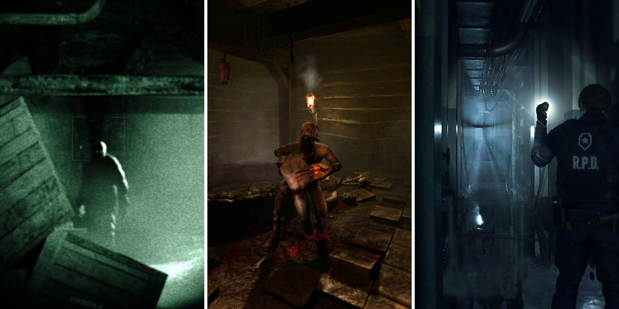 A grid showing the three horror games Outlast, Amnesia: The Dark Descent, and Resident Evil 2