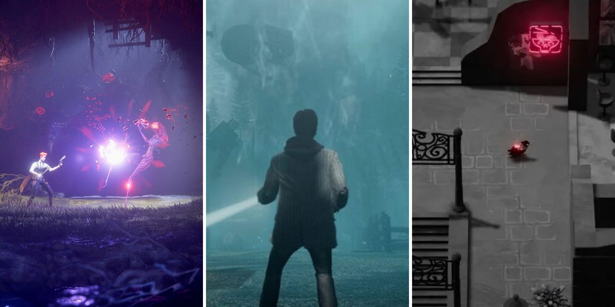 A grid showing the three Creepiest Action-Adventure Games The Last Case of Benedict Fox, Alan Wake, and Death's Door